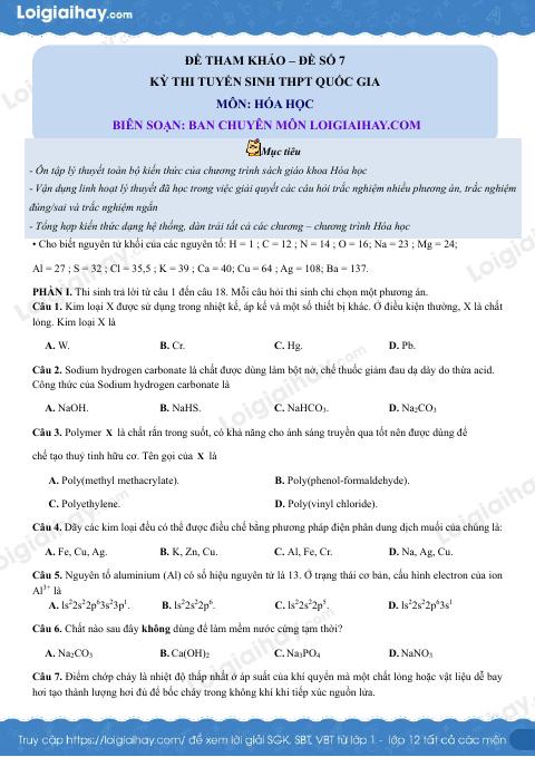 Đề tham khảo thi THPT môn Hóa - Đề số 7 (hay, chi tiết)
